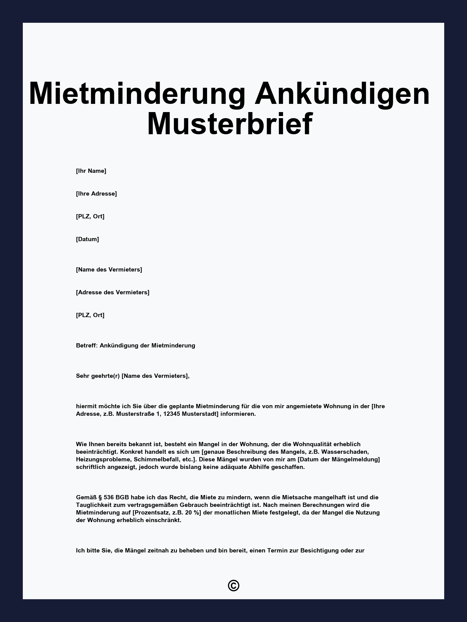Mietminderung Ankündigen Musterbrief