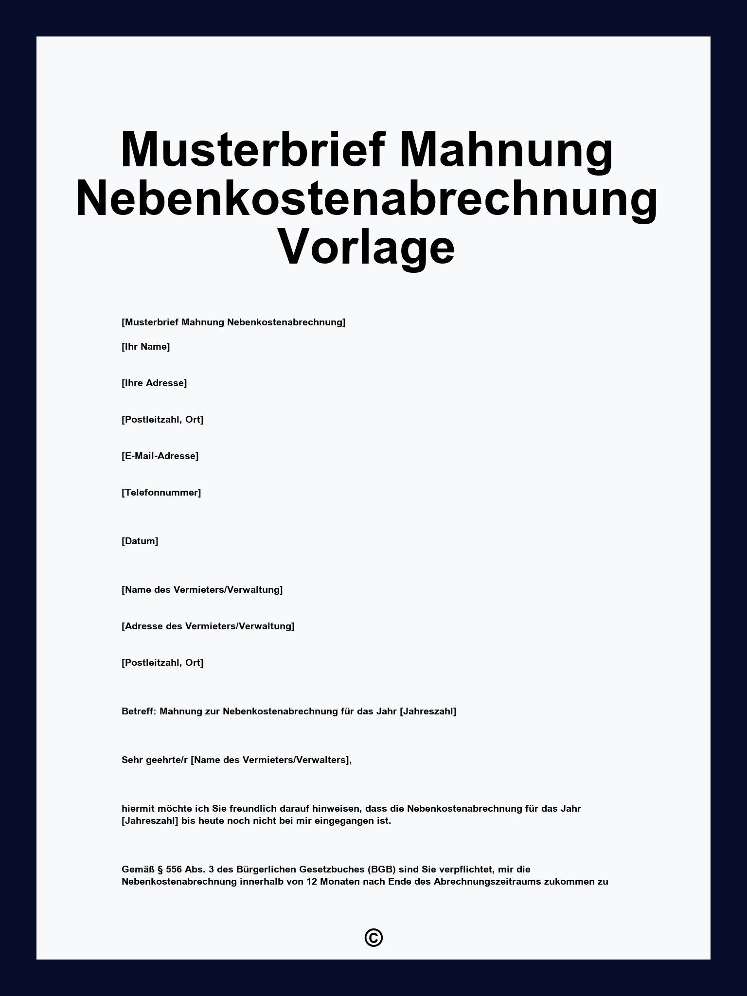 Musterbrief Mahnung Nebenkostenabrechnung Vorlage