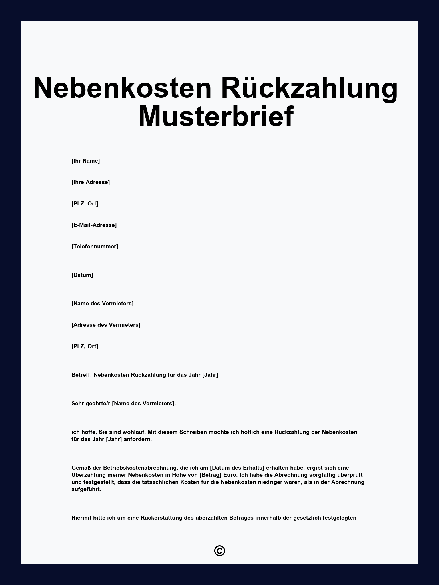 Nebenkosten Rückzahlung Musterbrief