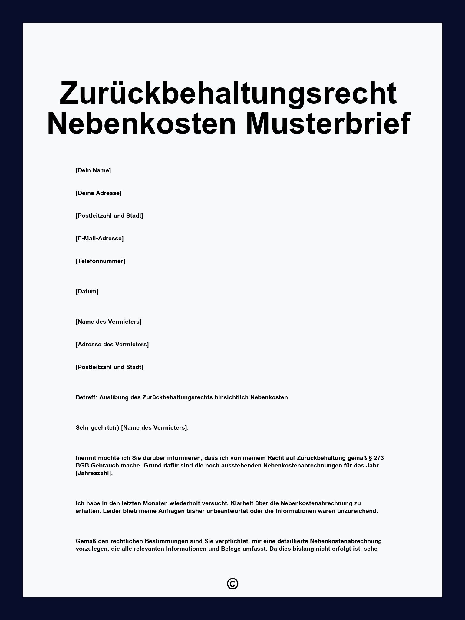 Zurückbehaltungsrecht Nebenkosten Musterbrief